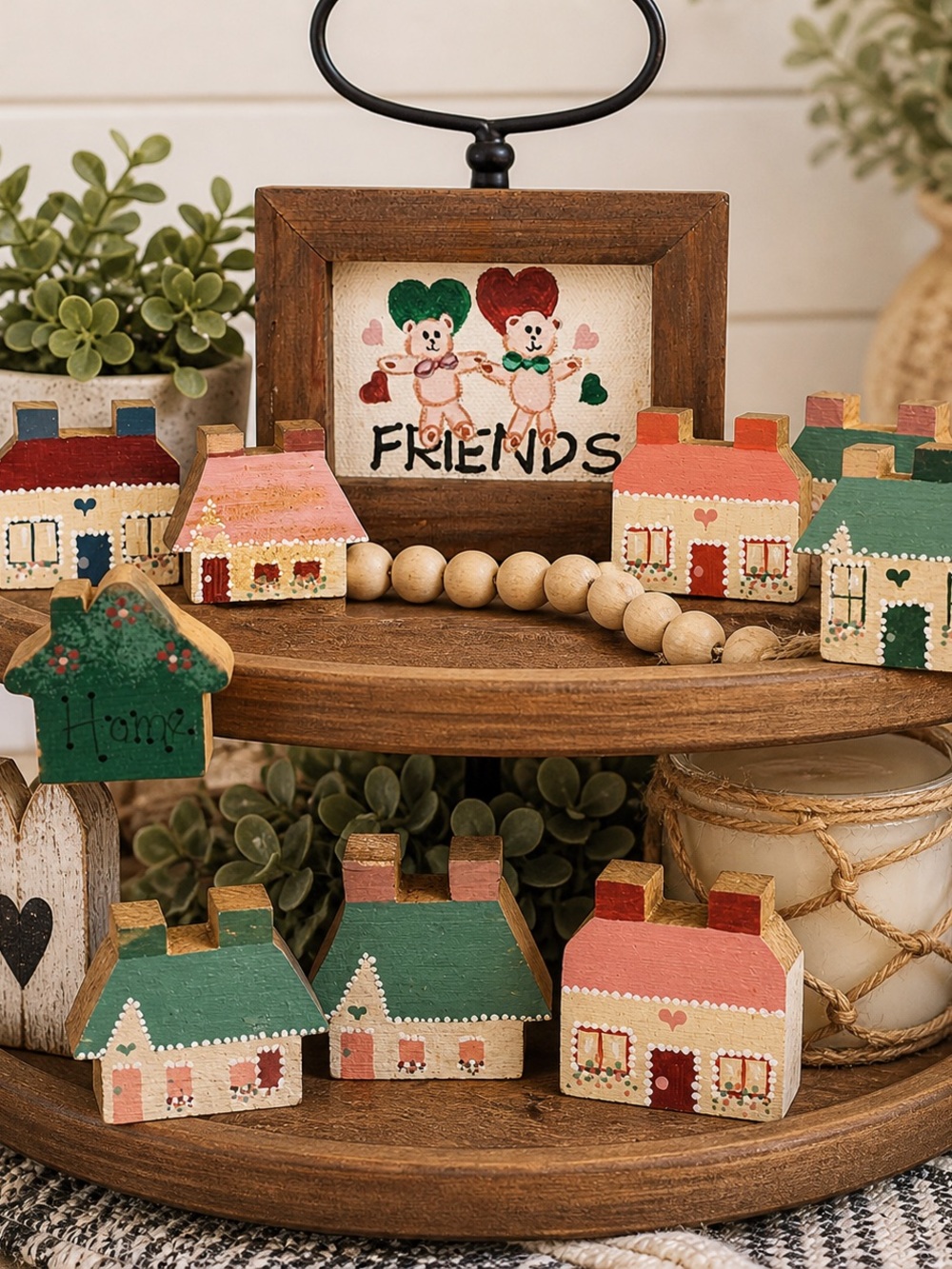Hand Painted Wooden Village Set Farmhouse Decor Cottage Primitive Rustic